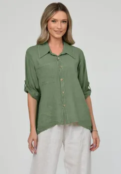 Camasa din in cu buzunar pe piept, kaki imagine