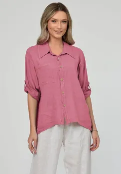 Camasa din in cu buzunar pe piept, roz inchis imagine