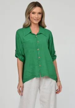 Camasa din in cu buzunar pe piept, verde imagine