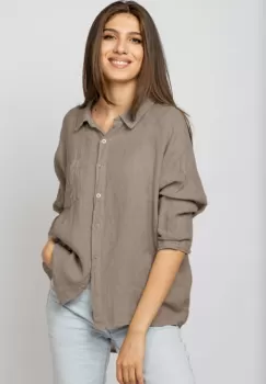 Camasa din in cu inel metalic pe spate Stella Milani, bej inchis imagine