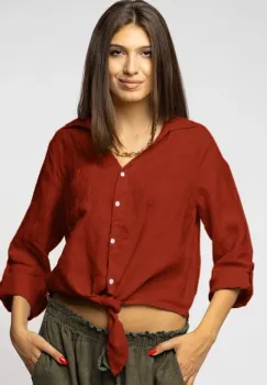 Camasa din in cu nod in fata, caramizie imagine