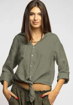 Camasa din in cu nod in fata, kaki imagine