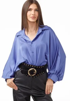 Camasa eleganta din satin, cu maneci bufante, albastra imagine