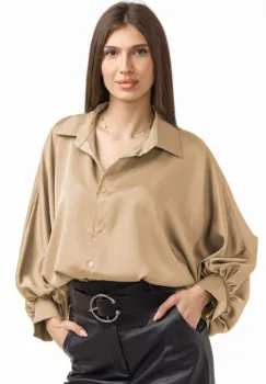 Camasa eleganta din satin, cu maneci bufante, cappucino imagine