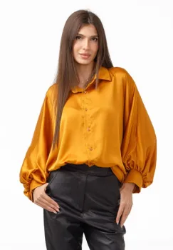 Camasa eleganta din satin, cu maneci bufante, galben mustar imagine