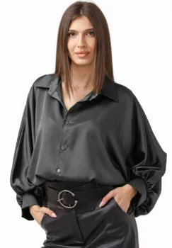 Camasa eleganta din satin, cu maneci bufante, gri imagine