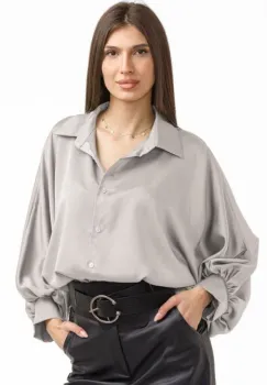 Camasa eleganta din satin, cu maneci bufante, gri deschis imagine