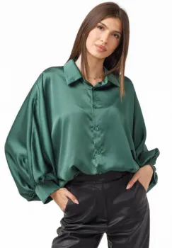 Camasa eleganta din satin, cu maneci bufante, verde forest imagine