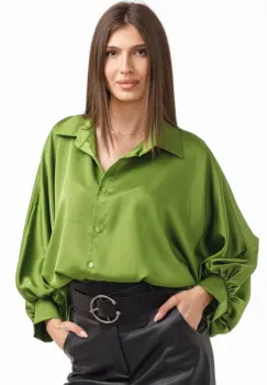 Camasa eleganta din satin, cu maneci bufante, verde olive imagine