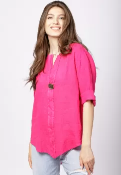 Camasa fucsia din in cu nasture metalic decorativ imagine