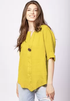 Camasa galbena din in cu nasture metalic decorativ imagine