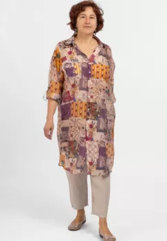 Camasa lunga subtire cu imprimeu floral pe fond portocaliu imagine