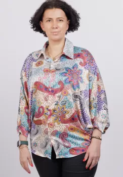 Camasa oversize, cu maneci fluture si imprimeu arabesc cu nuante de bleu si caramiziu imagine