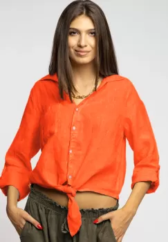 Camasa portocalie din in cu nod in fata imagine