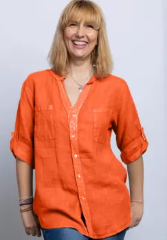 Camasa portocalie din in cu paiete si dantela pe spate imagine