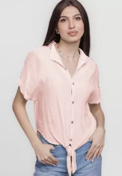 Camasa roz pal din vascoza creponata, cu guler tunica si nod in fata imagine