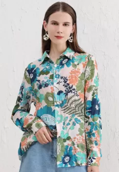 Camasa subtire, cu guler clasic si imprimeu floral in nuante de turcoaz si verde imagine