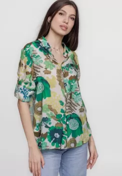 Camasa subtire din vascoza, cu guler clasic si imprimeu floral in nuante de verde imagine