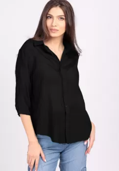 Camasa subtire, neagra, cu guler clasic, maneca lunga si buzunar pe piept imagine