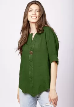 Camasa verde oliv din in cu nasture metalic decorativ imagine