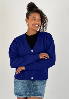 Cardigan cu decolteu in V, din tricotaj albastru cu nasturi decorativi aurii imagine