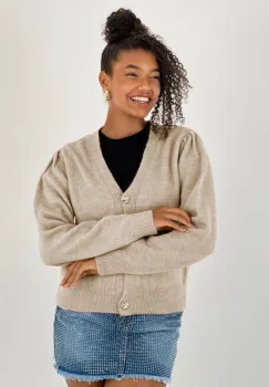 Cardigan cu decolteu in V, din tricotaj bej cu nasturi decorativi aurii imagine