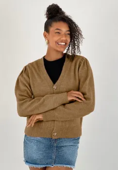 Cardigan cu decolteu in V, din tricotaj camel cu nasturi decorativi aurii imagine