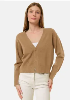 Cardigan cu decolteu in V, din tricotaj fin, camel imagine