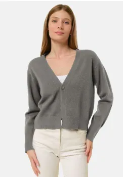Cardigan cu decolteu in V, din tricotaj fin, gri imagine