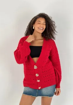 Cardigan cu decolteu in V, din tricotaj rosu cu nasturi decorativi aurii imagine