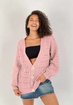 Cardigan cu decolteu in V, din tricotaj roz cu nasturi decorativi aurii imagine