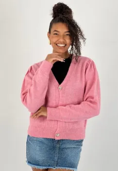 Cardigan cu decolteu in V, din tricotaj roz cu nasturi decorativi aurii imagine