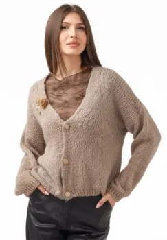 Cardigan dama cu lana si mohair, cu brose decorative ,   pulover casual chic bej inchis imagine