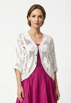 Cardigan din bumbac cu broderie, croi lejer, stil boho elegant, alb imagine