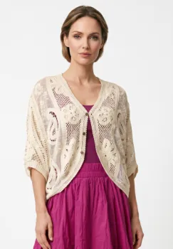 Cardigan din bumbac cu broderie, croi lejer, stil boho elegant, bej imagine