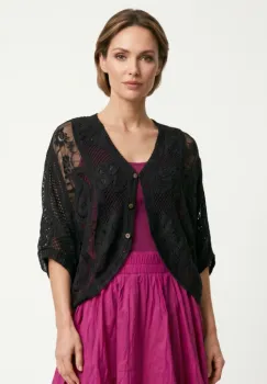 Cardigan din bumbac cu broderie, croi lejer, stil boho elegant, negru imagine
