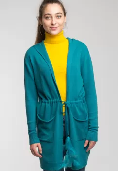 Cardigan turcoaz midi tricotat, cu gluga si buzunare imagine