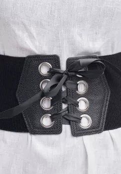 Centura corset din piele ecologica cu 8 capse mari argintii si funda satin imagine