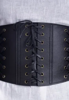 Centura corset lata din piele ecologica cu 3 randuri de sireturi si capse metalice auriu antichizat imagine