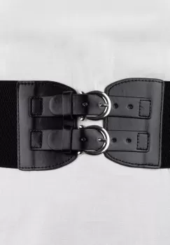 Centura corset lata din piele ecologica cu doua catarame argintii in fata si elastic la spate imagine