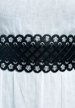 Centura corset lata din piele ecologica cu tinte metalice argintii in forma de floare si insertii imagine