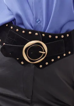 Centura corset lata din piele ecologica neagra cu catarama si tinte aurii si elastic la spate imagine