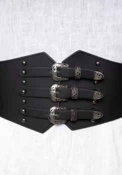 Centura lata de 12 cm din piele ecologica cu catarame si tinte aurii, elastic la spate imagine