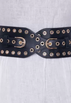 Centura neagra lata de 8 cm din piele ecologica cu capse si catarame metalice aurii imagine