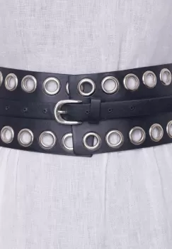 Centura neagra lata de 9 cm din piele ecologica cu capse si catarama metalice argintii imagine