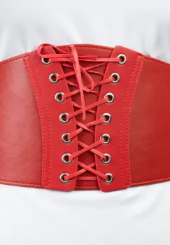 Centura rosie corset, masura mare, lata, din piele ecologica cu siret si capse mici imagine