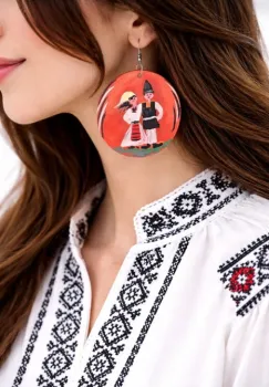 Cercei corai handmade ,din piele naturala ,pictati manual ,cu motiv traditional imagine