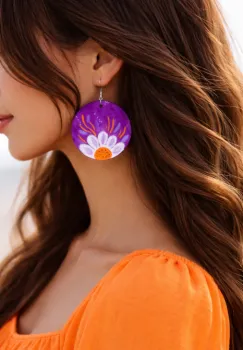 Cercei handmade ,din piele mov naturala  ,pictati manual cu crizanteme,unicat imagine