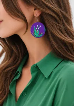 Cercei handmade din piele naturala mov ,pictati manual,cu lacramioare,unicat imagine