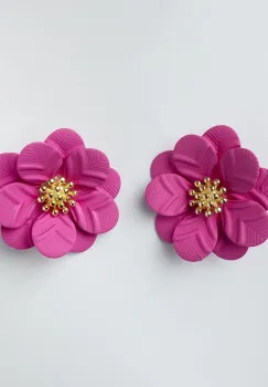 Cercei in forma de floare cu petale duble si auriu in mijloc, fucsia imagine